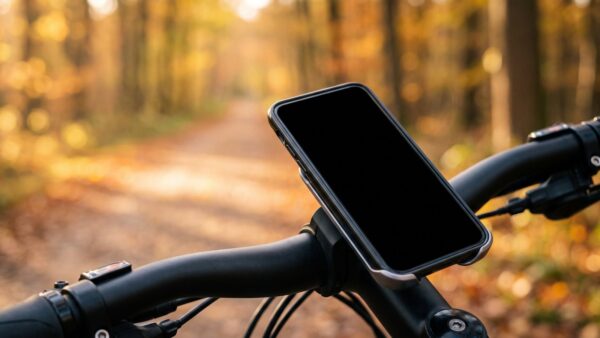 bosch ebike flow bild 1 Smartphone in einer Halterung am Lenker eines E-Bikes vor einem herbstlichen Waldweg