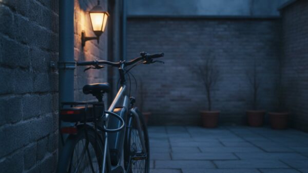 bosch ebike flow bild 2 E-Bike mit Bügelschloss in einem Hinterhof in der Abenddämmerung