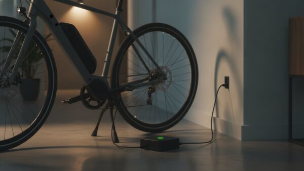 bosch ebike flow bild 4 E-Bike im Hausflur am Ladegerät, das Kabel führt zum Akku im Rahmen