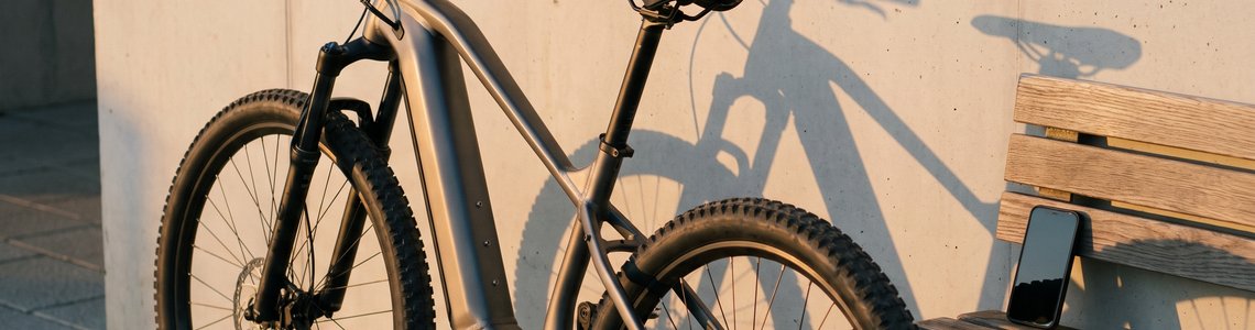E-Mountainbike mit Mittelmotor an einer hellen Wand, daneben ein Smartphone auf einer Bank