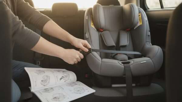britax roemer baby safe pro bild 3 Hände ziehen den Gurt an einer aufrecht stehenden Babyschale auf der Rückbank fest