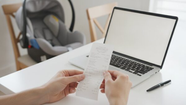 britax roemer baby safe pro bild 4 Eltern prüfen den Kaufbeleg einer Babyschale am Küchentisch