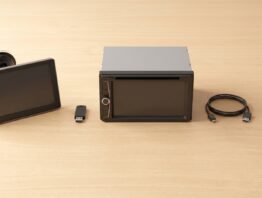 carplay nachruesten bild 1 CarPlay nachrüsten: Aufsetz-Display, USB-Adapter, Doppel-DIN-Radio und Kabel nebeneinander auf einem Holztisch
