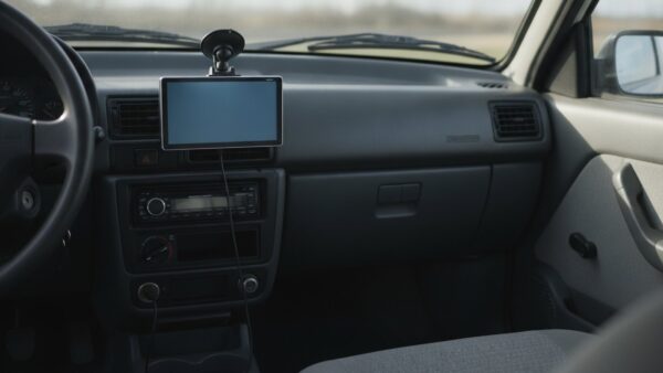 Nachrüst-Display auf dem Armaturenbrett eines Kleinwagens mit Kabel zur 12-Volt-Steckdose