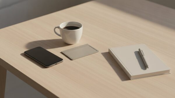 chase tagesgeld bild 4 Ausgeschaltetes Smartphone neben einer grauen AusweishĂĽlle, Kaffeetasse und Notizbuch auf einem KĂĽchentisch