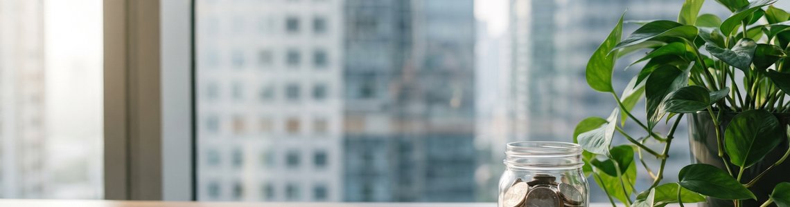 Heller Schreibtisch mit Sparglas voller Münzen, ausgeschaltetem Smartphone und Zimmerpflanze vor einem Fenster mit Bürotürmen