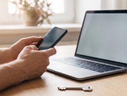 Hände halten ein Smartphone vor einem Laptop mit leerem Bildschirm, davor ein silberner Schlüssel