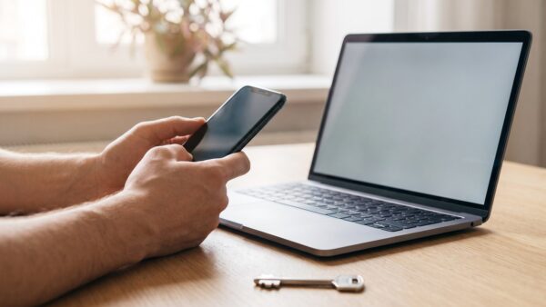 Hände halten ein Smartphone vor einem Laptop mit leerem Bildschirm, davor ein silberner Schlüssel