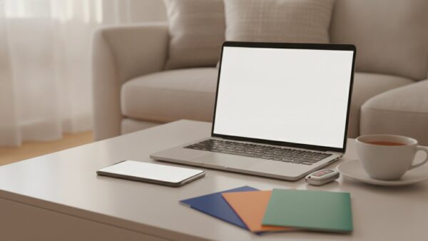 Smartphone und Laptop mit leeren Bildschirmen neben Reiseprospekten und einem Autoschlüssel auf einem Wohnzimmertisch