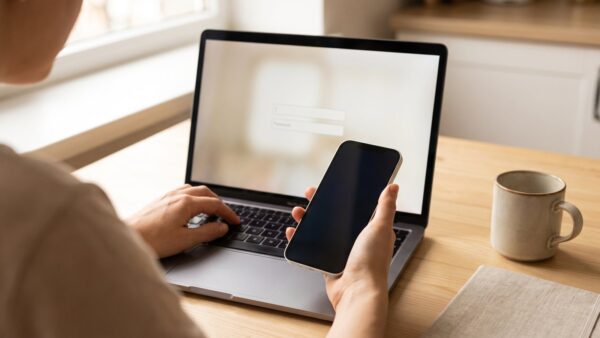 comdirect login bild 1 HĂ€nde an Laptop und Smartphone bei der Anmeldung im Online-Banking am KĂŒchentisch