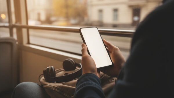 congstar aktion bild 2 Hände mit Smartphone in einer Straßenbahn auf dem Weg zur Uni