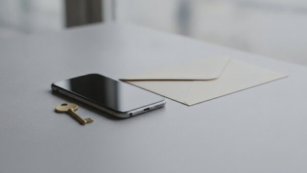 Messingschlüssel neben Smartphone und unbeschriftetem Briefumschlag als Sinnbild für das Zurücksetzen per SMS oder E-Mail