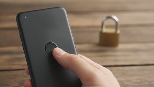 Daumen auf dem Fingerabdrucksensor eines Smartphones, daneben ein Vorhängeschloss, als Sinnbild für den Passkey-Login