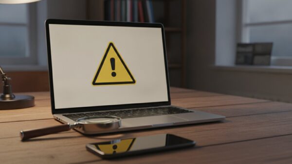 Laptop mit Warnsymbol auf dem Bildschirm, davor eine Lupe und ein Smartphone, als Sinnbild für Phishing-Schutz