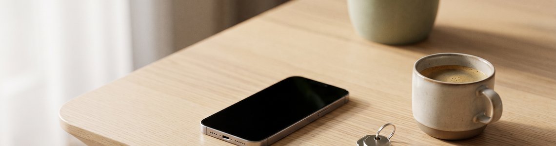 Heller Holztisch mit Smartphone, Schlüsselbund und einer Tasse Kaffee