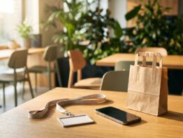 Mitarbeiterausweis, Smartphone und Einkaufstasche auf einem Tisch im Büro – Sinnbild für corporate benefits Mitarbeiterangebote