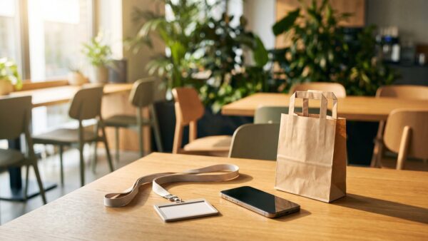 Mitarbeiterausweis, Smartphone und Einkaufstasche auf einem Tisch im Büro – Sinnbild für corporate benefits Mitarbeiterangebote
