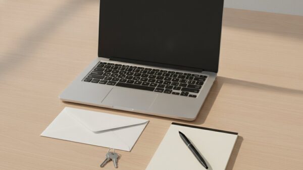 Notebook mit dunklem Bildschirm, Briefumschlag und Schlüssel als Symbol für Registrierungscode und Login bei corporate benefits