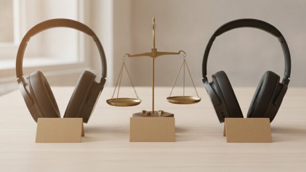 Zwei gleiche Kopfhörer mit leeren Preisschildern und einer Waage – Mitarbeiterrabatt gegen Marktpreis vergleichen
