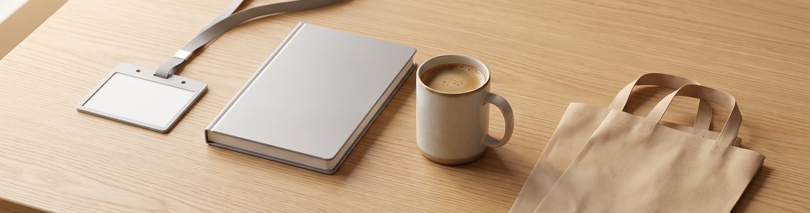 Schreibtisch mit neutralem Mitarbeiterausweis, Notebook, Kaffeetasse und Einkaufstaschen als Symbol für Mitarbeiterangebote