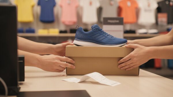 decathlon mediamarkt bild 2 Laufschuhe im Karton werden an einer Kassentheke im SportgeschĂ€ft zurĂŒckgegeben