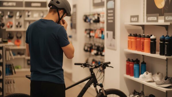 decathlon mediamarkt bild 3 Kunde probiert im SportgeschÀft einen Fahrradhelm an, daneben Fahrrad und Laufschuhe