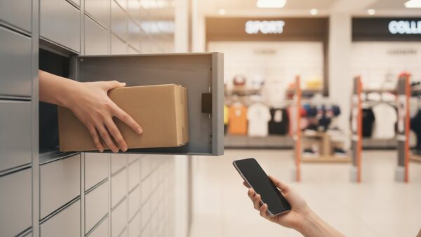 decathlon mediamarkt bild 4 Hand nimmt ein Paket aus einem Abholfach im Eingangsbereich eines Einkaufszentrums