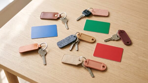 deutschlandticket login bild 1 Verschiedene Schlüssel an bunten Anhängern und leere Plastikkarten auf einem Holztisch
