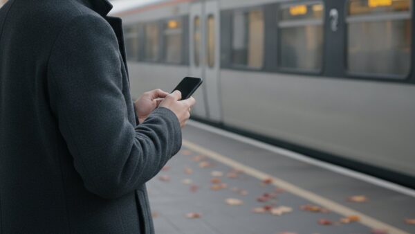 deutschlandticket login bild 2 Person im Wollmantel mit Smartphone auf einem herbstlichen Bahnsteig, von hinten fotografiert