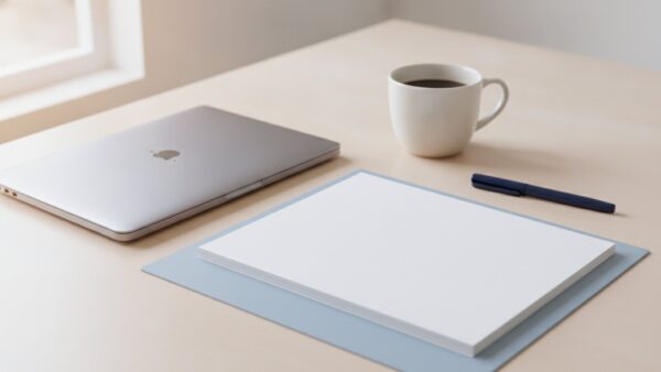 deutschlandticket login bild 3 Geschlossener Laptop, offener Ordner mit leeren Blättern und Kaffeetasse auf einem Schreibtisch