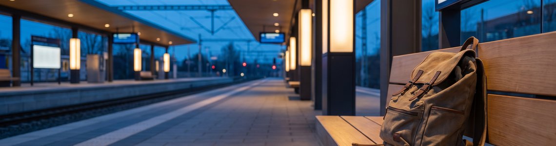 Menschenleerer Regionalbahnsteig in der blauen Stunde mit Holzbank, Rucksack und Smartphone