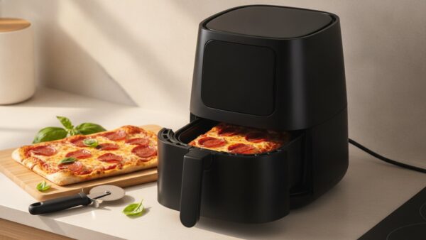 FRYZZA Höhle der Löwen: rechteckige Pizza im Korb einer Heißluftfritteuse