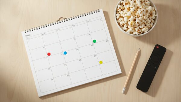 disney plus netflix bild 2 Kalender mit markierten Tagen neben Popcorn und Fernbedienung, Symbolbild für Starttermine bei Netflix