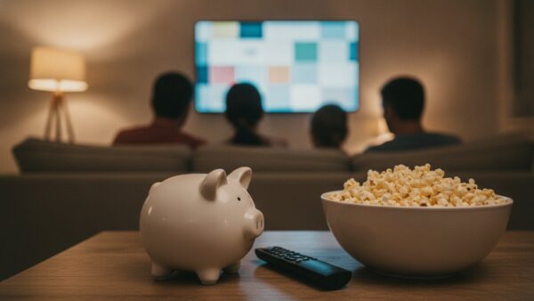 disney plus netflix bild 4 Sparschwein auf dem Couchtisch vor einer Familie beim Streaming, Symbolbild für gesparte Abo-Kosten