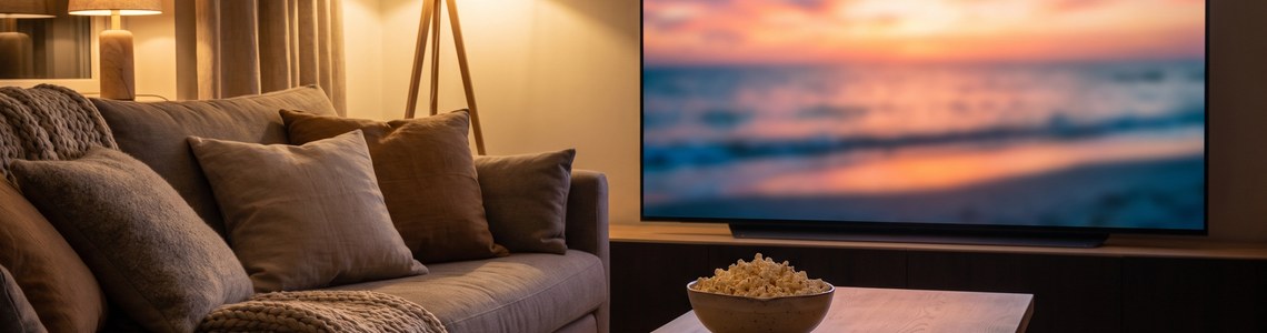 Wohnzimmer mit Sofa, Popcorn und laufendem Fernseher
