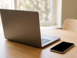 Notebook von hinten und Smartphone auf einem Schreibtisch als Sinnbild für den DKB Login im Browser und in der App