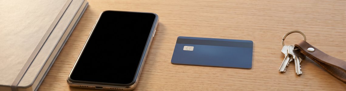 Schreibtisch mit zugeklapptem Notebook, Smartphone, neutraler Bankkarte und Schlüsselbund