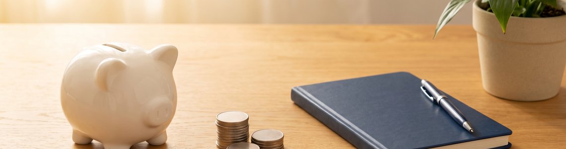 Weißes Sparschwein, Münzstapel und Notizbuch auf einem hellen Holzschreibtisch als Symbol für Tagesgeld