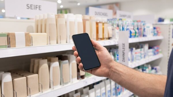 dm app bild 1 Smartphone in der Hand vor einem Drogerieregal mit Pflegeprodukten