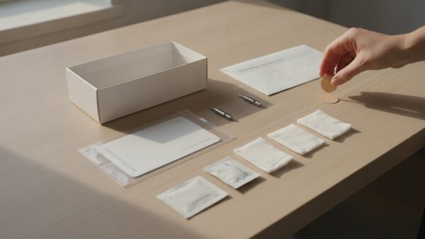 dm bluttest bild 3 Ausgepacktes Selbsttest-Set mit Testkarte, Lanzetten, Pflaster und RĂĽckumschlag auf einem KĂĽchentisch