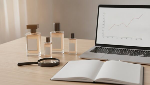 Drei Parfumflakons mit Lupe, Notizbuch und Laptop mit Preiskurve auf einem Holztisch