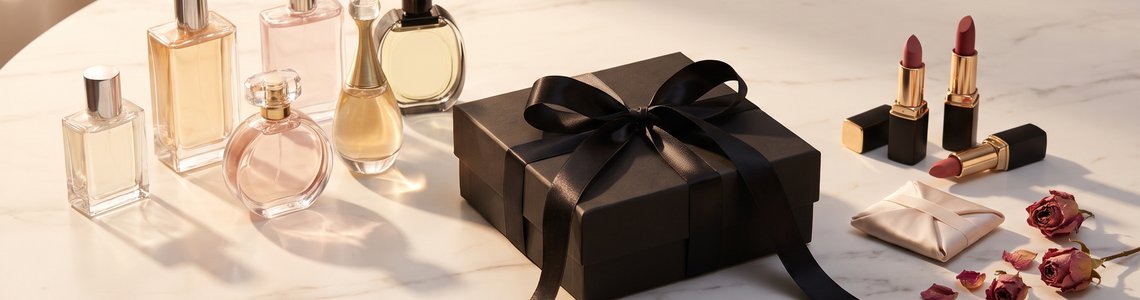 Unbeschriftete Parfumflakons, schwarze Geschenkschachtel und Lippenstifte auf einem Marmortisch
