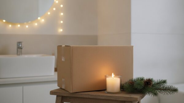 dyson adventskalender bild 4 Ungeöffneter Versandkarton in einem weihnachtlich dekorierten Badezimmer