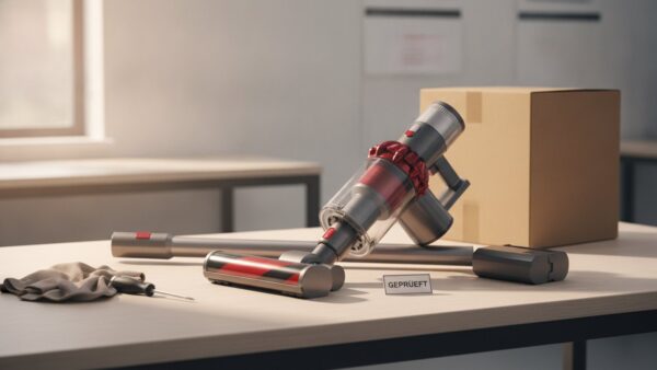 dyson black friday bild 4 Zerlegter Akku-Staubsauger mit Recyclingkarton und Etikett „geprüft“ auf einer Werkbank