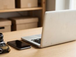 Notebook von hinten auf einem Schreibtisch neben Smartphone und gebrauchter Kamera als Sinnbild für den eBay Login
