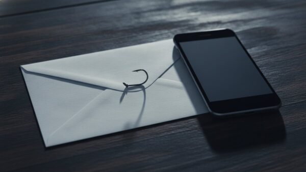 ebay login bild 4 Angelhaken auf einem unbeschrifteten Briefumschlag neben einem Smartphone als Sinnbild fĂŒr Phishing-Mails