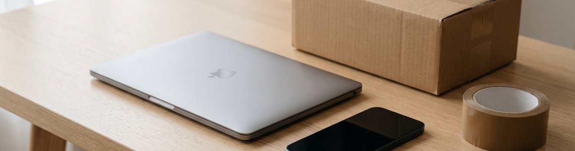 Schreibtisch mit zugeklapptem Notebook, Smartphone und unbeschriftetem Versandkarton