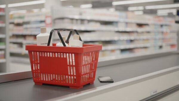 Einkaufskorb mit Duschgel, Shampoo und Bodylotion auf dem Kassenband, daneben ein Smartphone