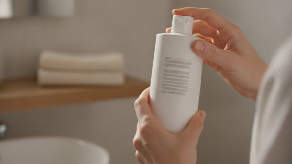 Hände drehen eine Bodylotion-Flasche um und lesen die Rückseite mit den Inhaltsstoffen