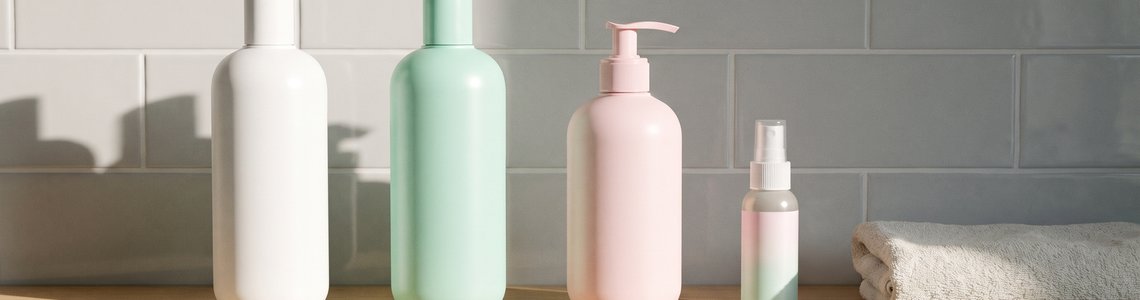Badregal mit schlichten Pflegeprodukt-Flaschen ohne Markennamen als Symbol für eine neue Drogerie-Eigenmarke